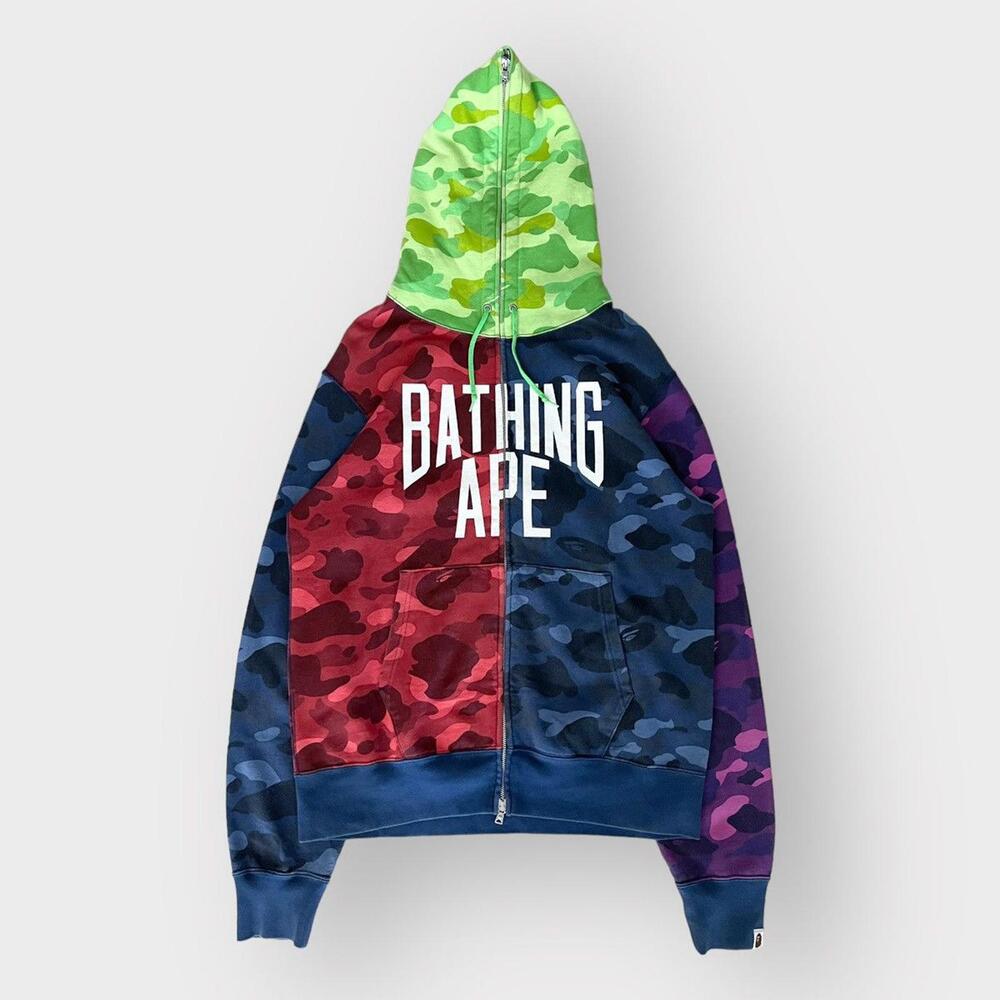 Bape Multicolor Camo Zip Hoodie - Green Hood, Red & Blue Panels